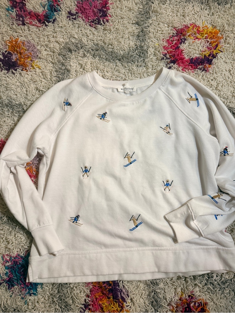 Workshop Republic Clothing White Sweatshirt with Blue and Tan Ski Embroidery